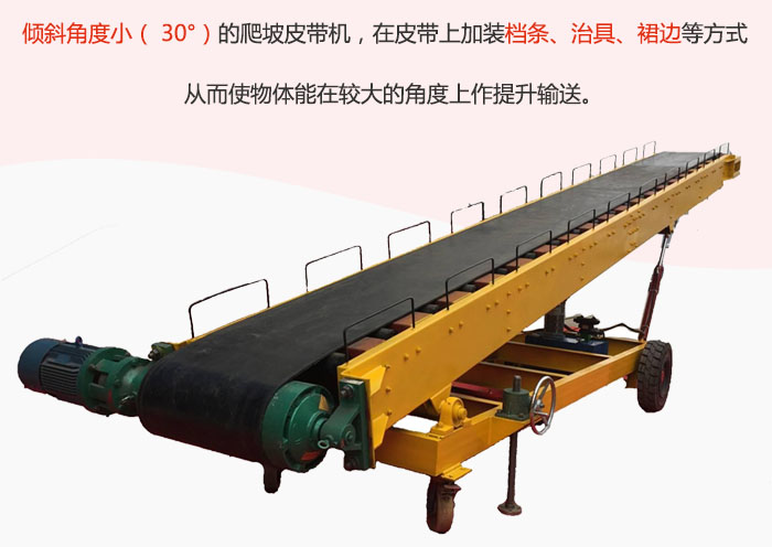 傾斜角度?。?30°）的爬坡皮帶機(jī)，在皮帶上加裝檔條、治具、裙邊等方式從而使物體能在較大的角度上作提升輸送。